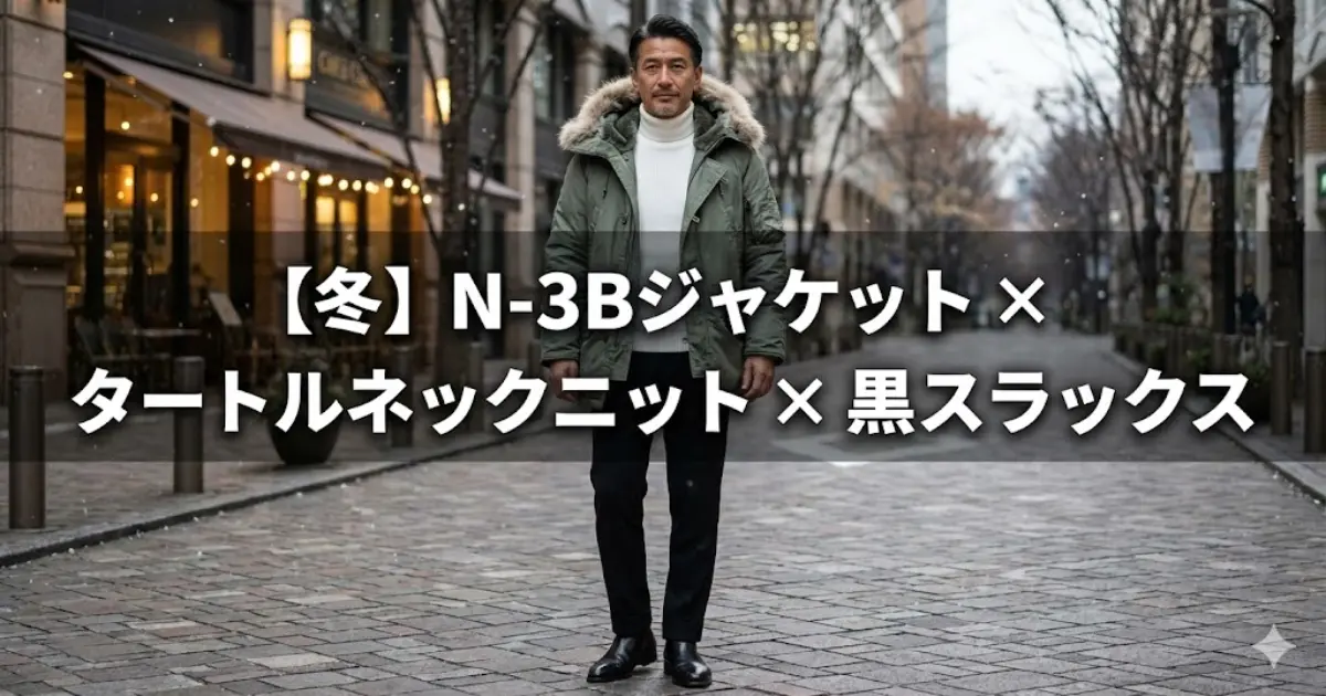 【冬】N-3Bジャケット × タートルネックニット × 黒スラックス