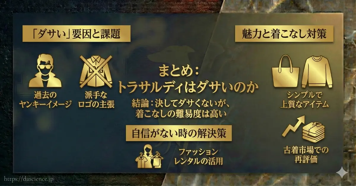 「トラサルディはダサいのか」という疑問に対する記事の結論まとめ図