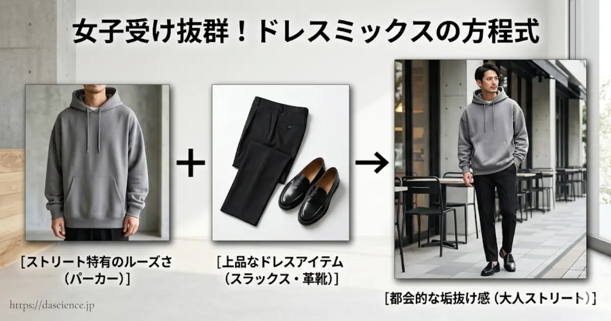 ストリートとドレスアイテムを掛け合わせたドレスミックスの法則